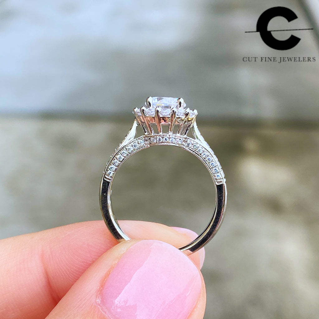 Round halo vintage style diamond bridge engagement ring setting 140-31 –  Cut FJ LLC.