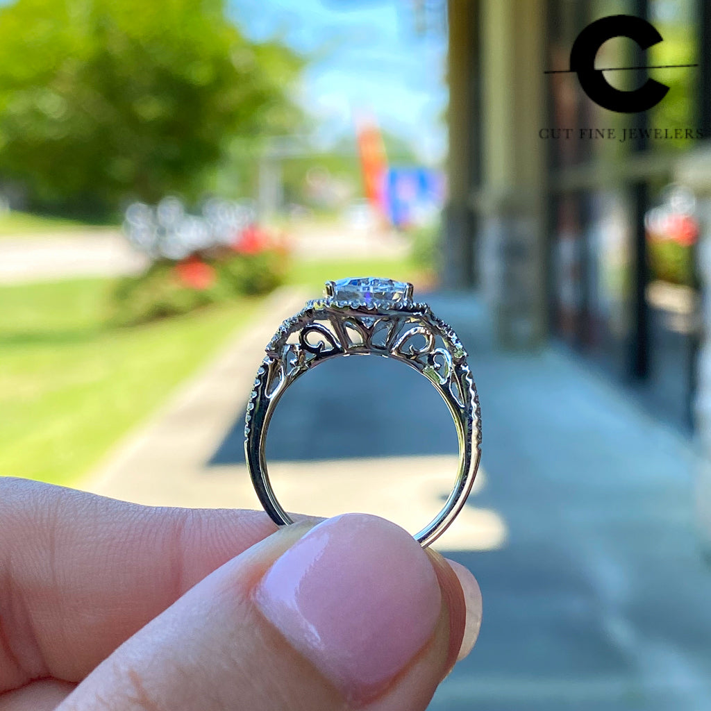 Oval vintage style halo with criss cross band engagement ring setting 140 460
