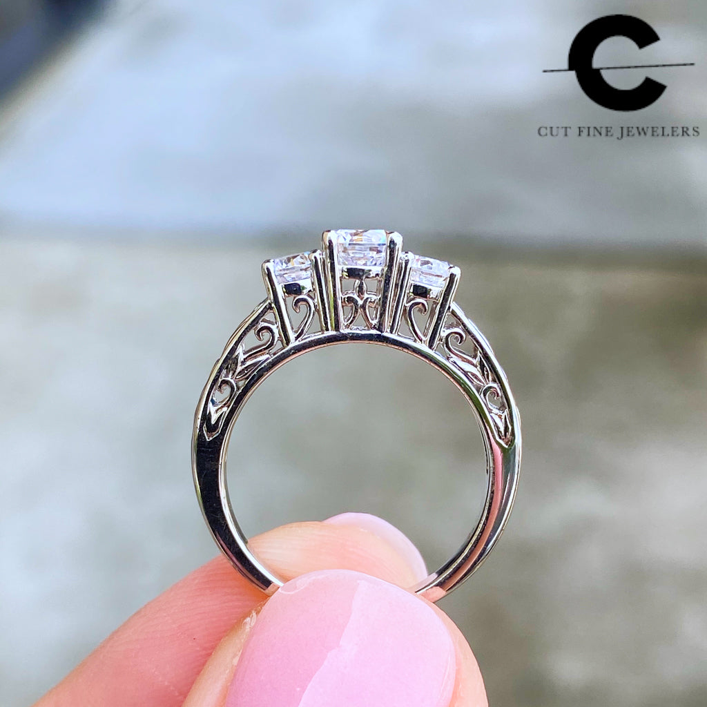 Round three stone vintage style engagement ring setting 140 227 Cut FJ LLC